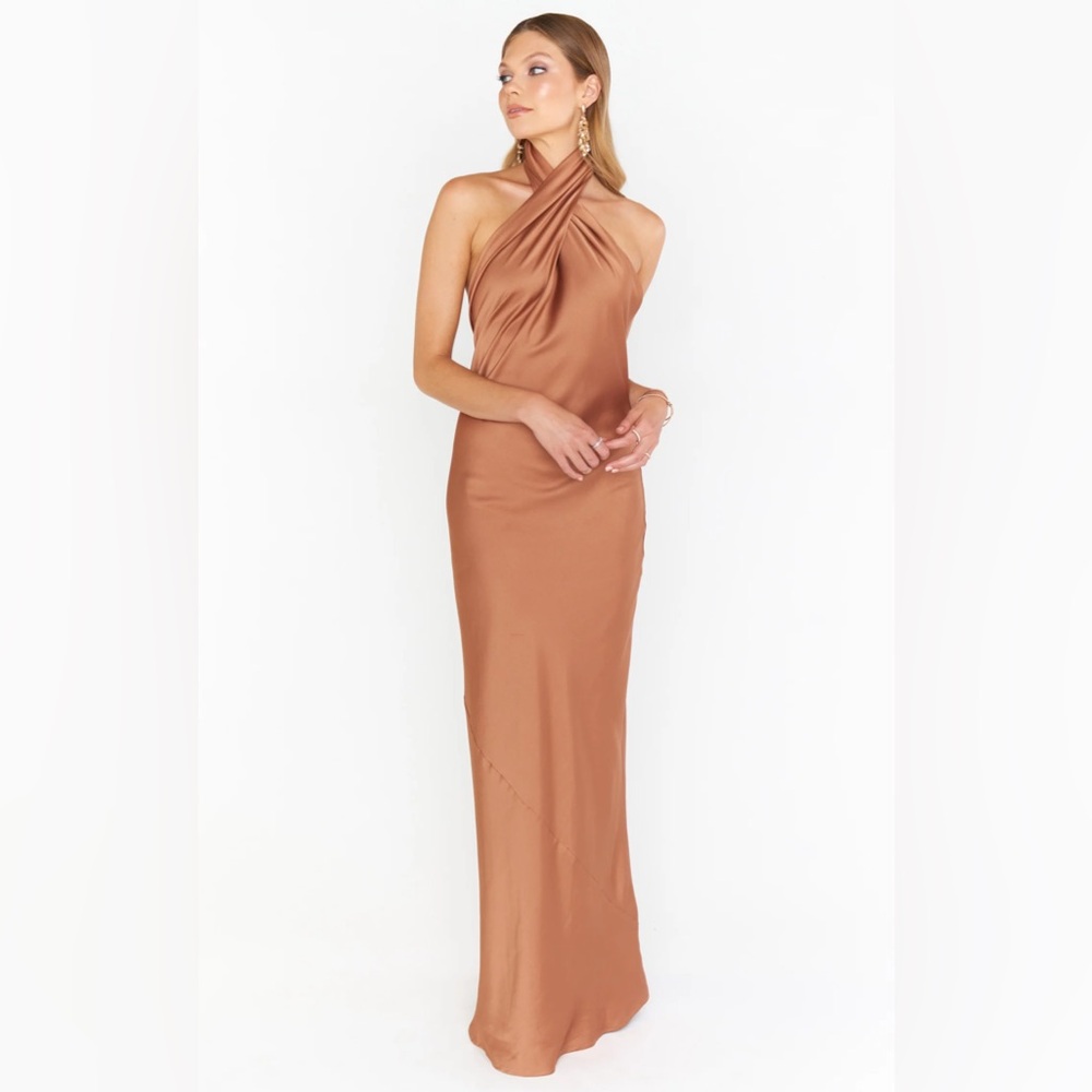 Show Me Your MuMu Jasmine Halter Maxi Dress. Copper Luxe Satin in XS